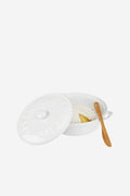 Rustic Ceramic Brie Baker With Acacia Wood Spreader - White