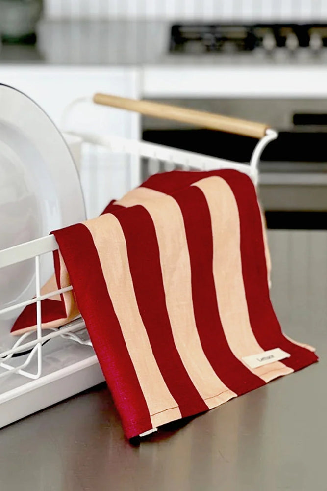 Tea Towel - Peach And Burgundy Stripe