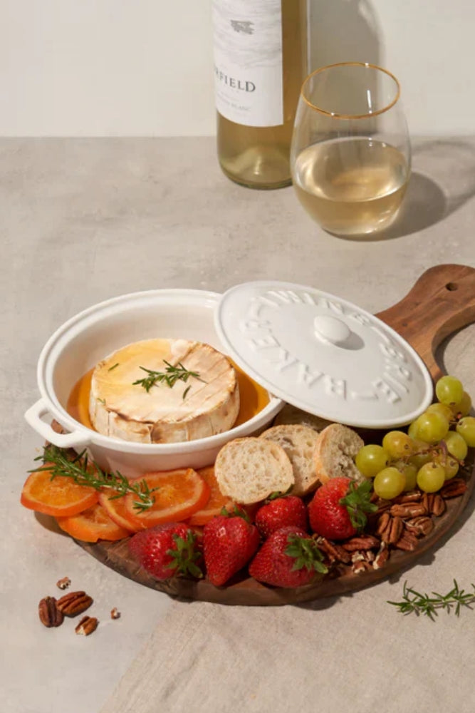 Rustic Ceramic Brie Baker With Acacia Wood Spreader - White
