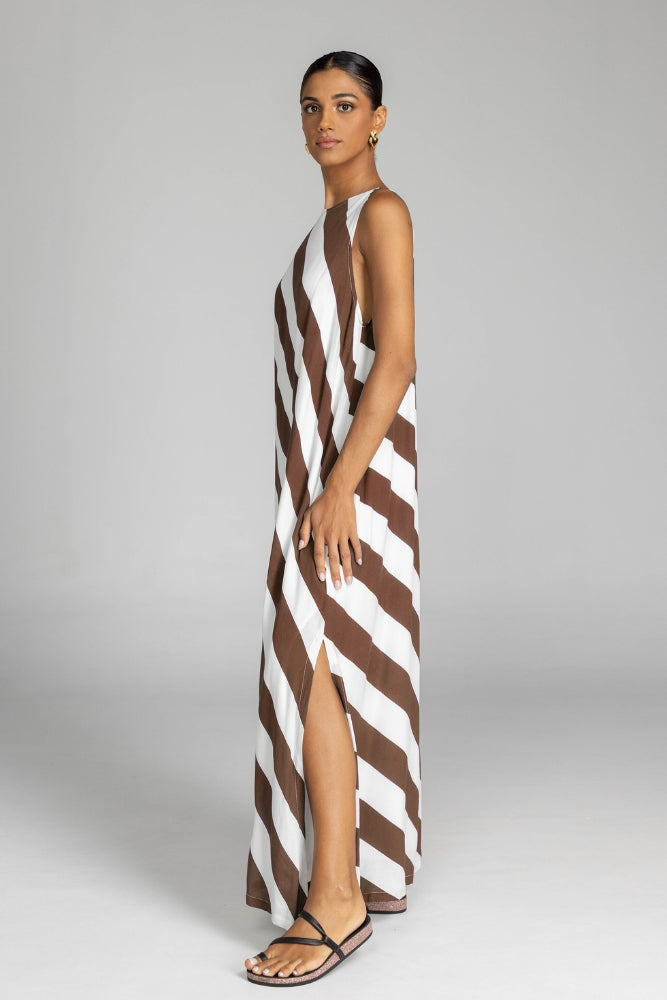 Finally Here Dress - Chocolate/White Diagonal Stripe