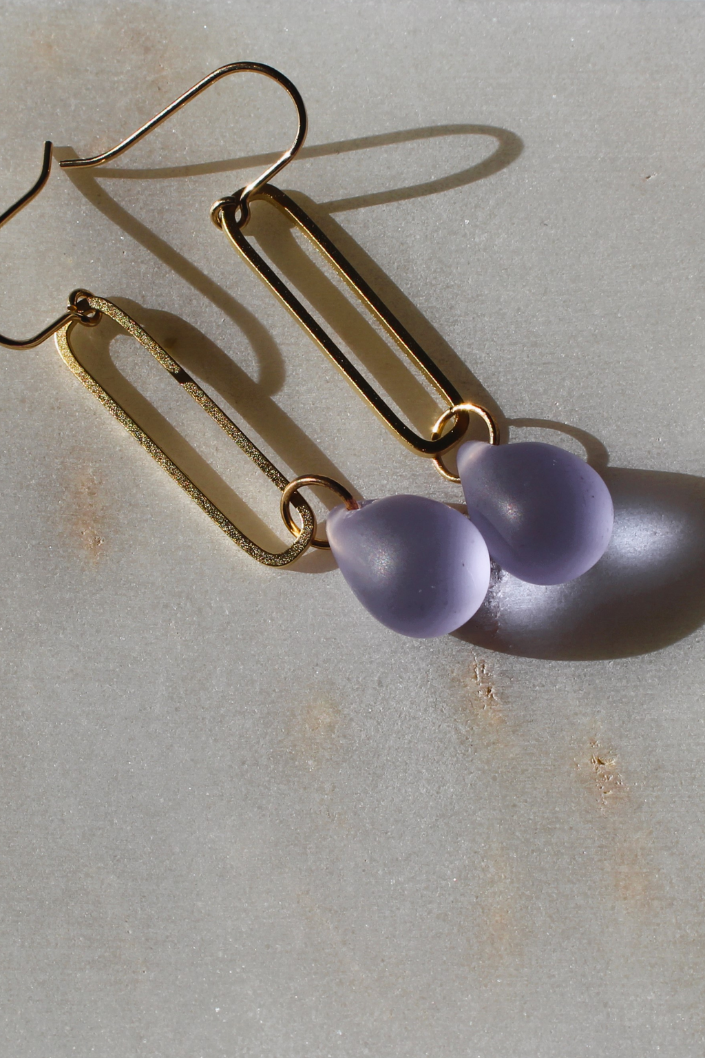 Water Droplet Sea Glass Earrings - Lavender/Gold