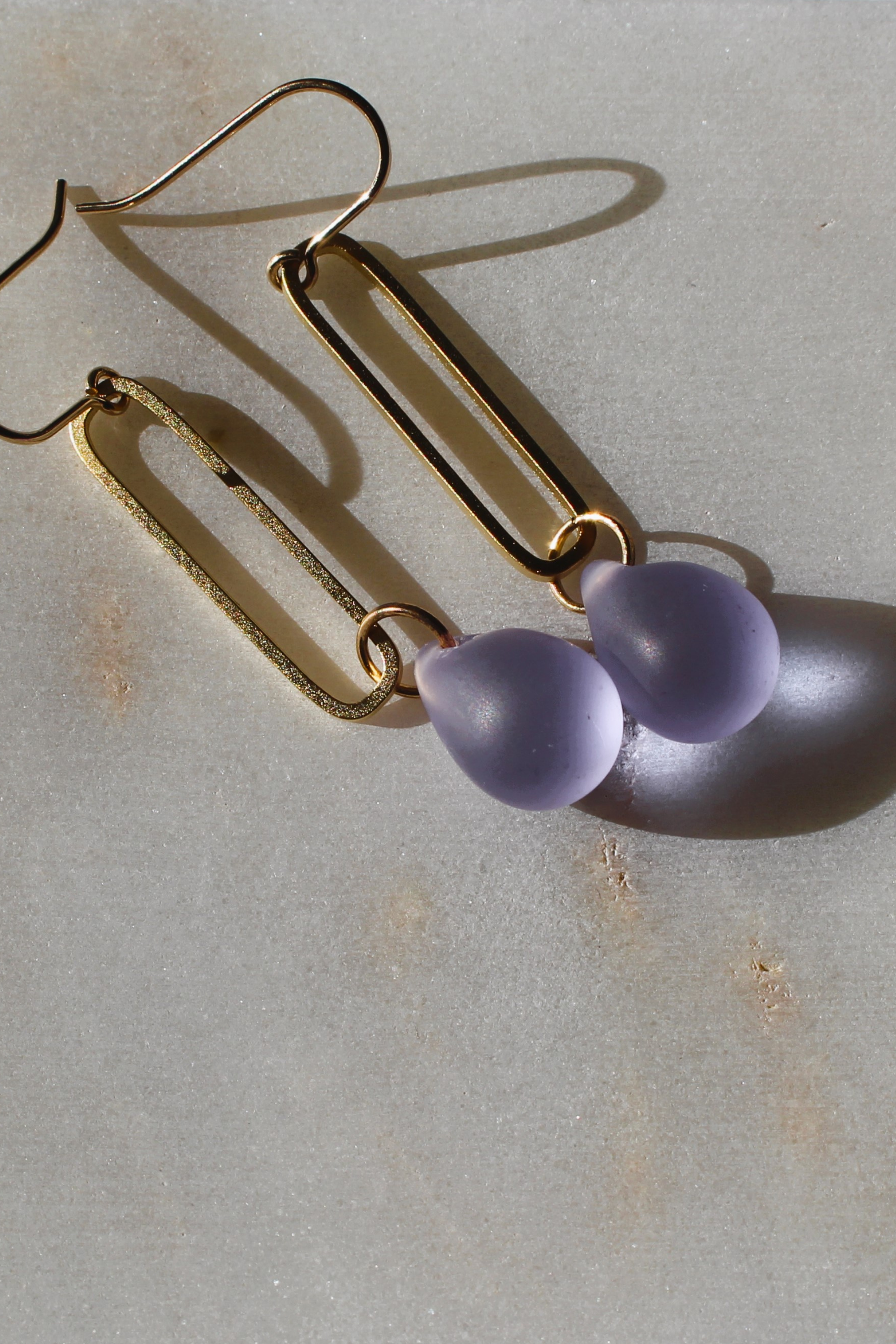 Water Droplet Sea Glass Earrings - Lavender/Gold