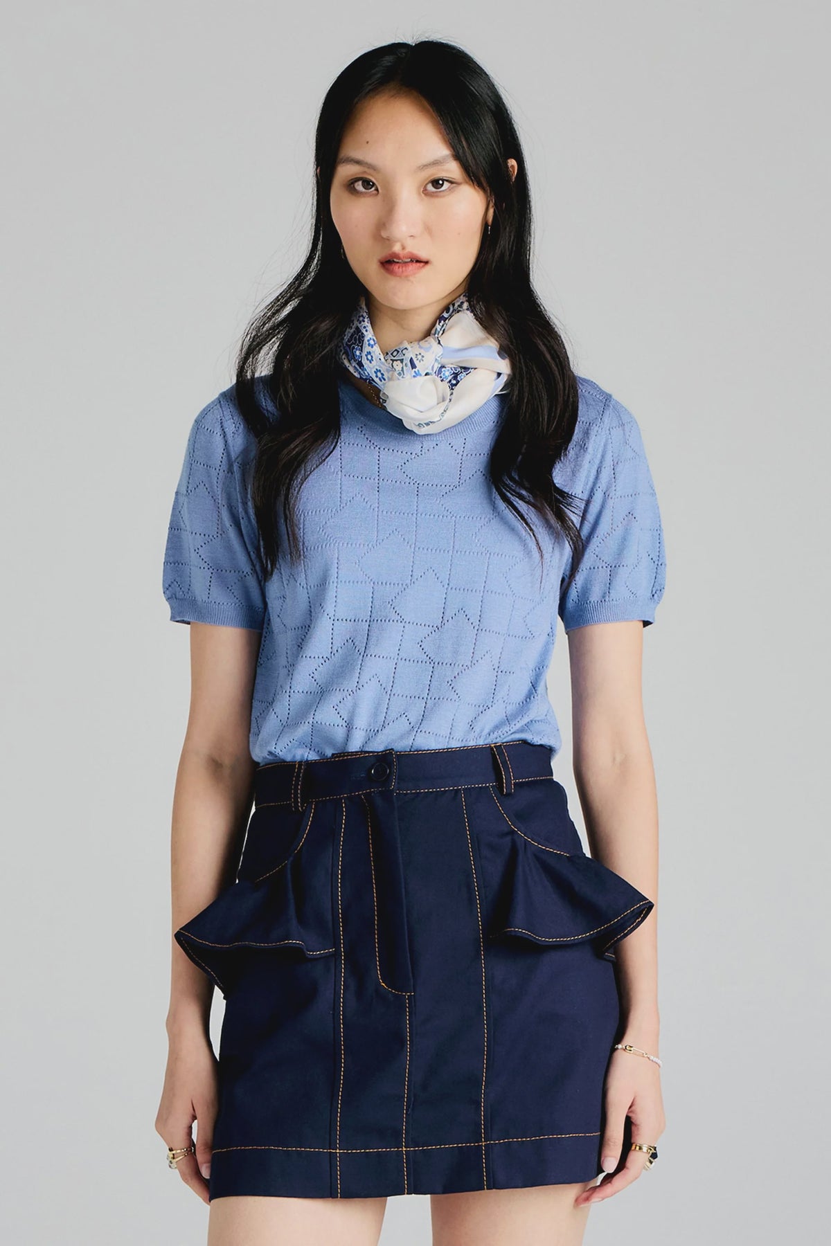 Monogram Pointelle Knit Tee - Light Blue