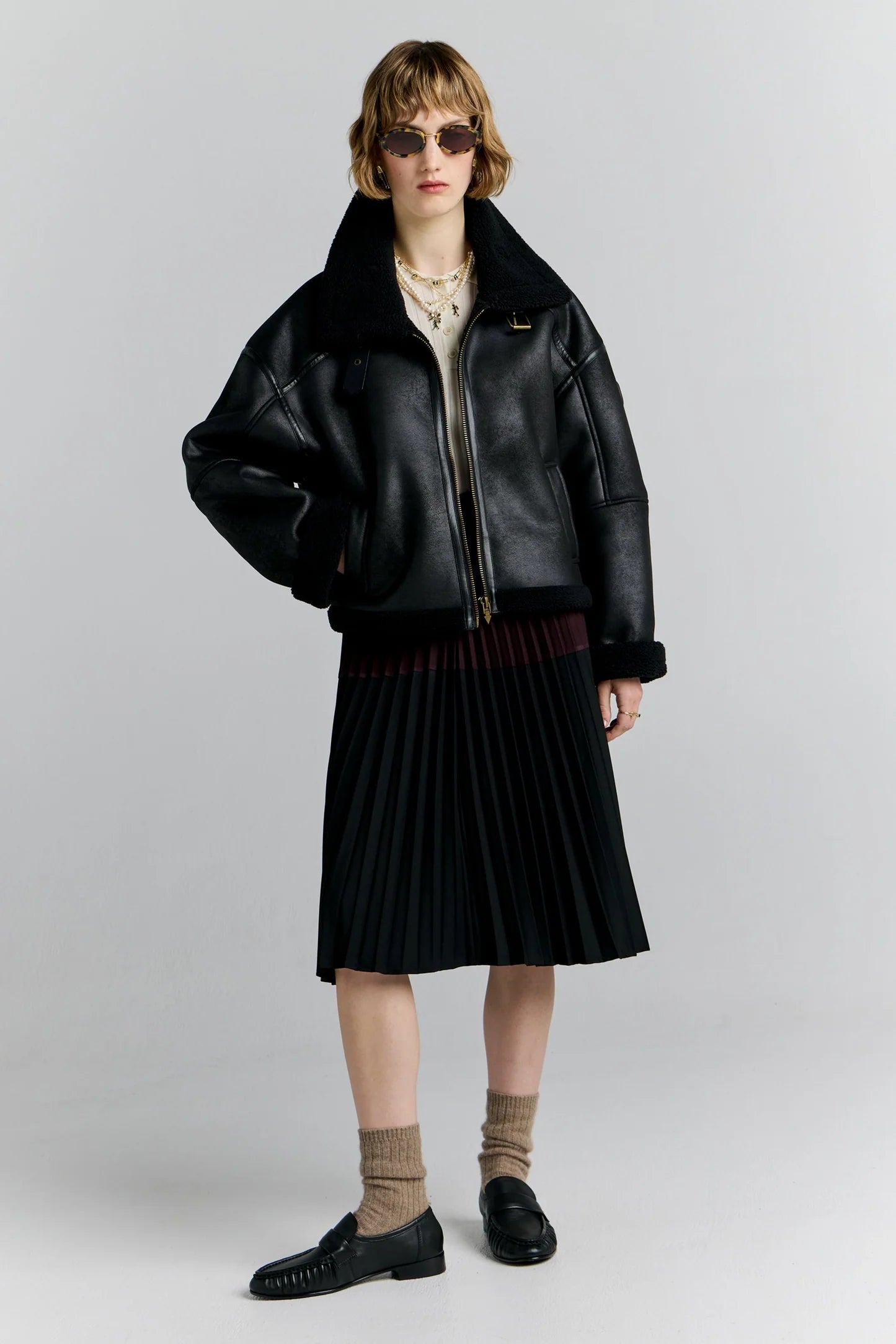Cropped Aviator Jacket - Black/Brown