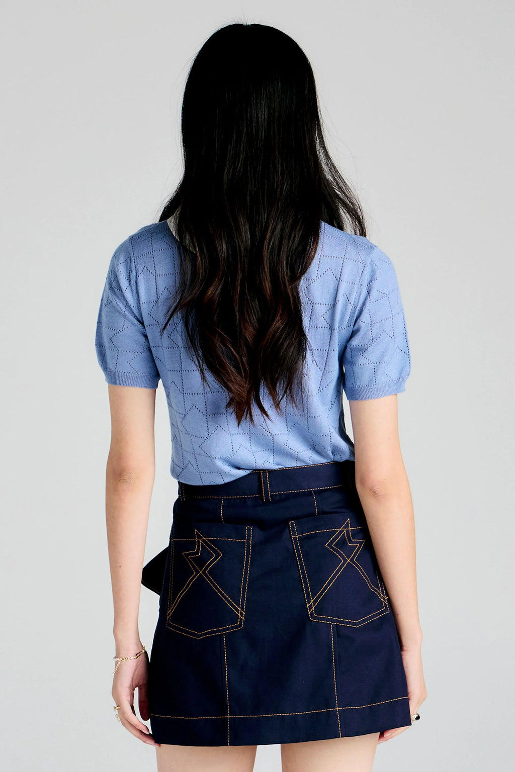Monogram Pointelle Knit Tee - Light Blue