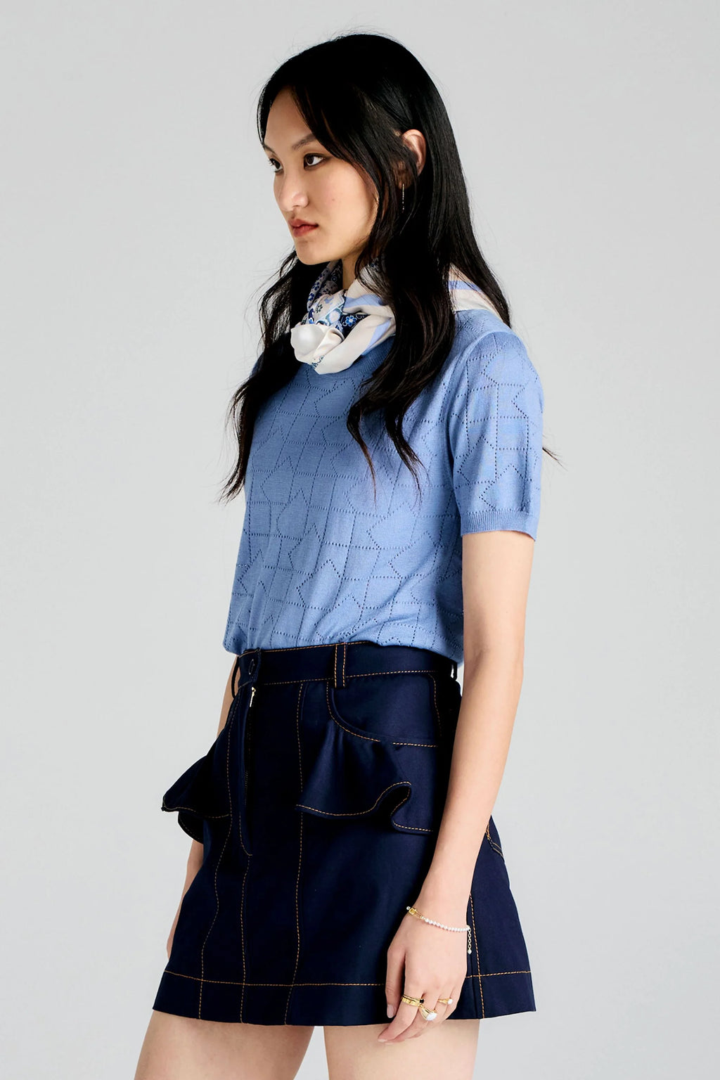 Monogram Pointelle Knit Tee - Light Blue